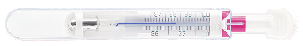 Geratherm® basal analogue glass basal thermometer fully inside the storage case with magnifier effect; the magnifier enlarges the temperature scale and the pink Galinstan measuring liquid.