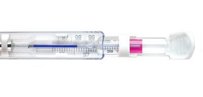 Geratherm® basal analogue glass basal thermometer in the storage case with magnifier effect; the magnifier enlarges the scale and the pink Galinstan measuring liquid for easier reading.