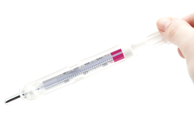 Hand holding the Geratherm® basal analogue glass basal thermometer in the reset aid; a flick of the wrist returns the Galinstan measuring liquid below the 36 °C (96.8 °F) mark before the next measurement.
